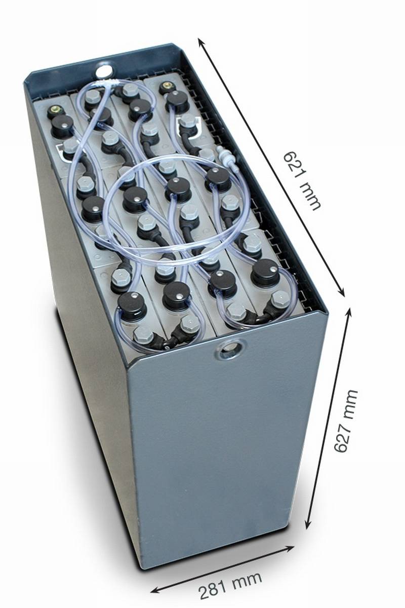 24V Gabelstaplerbatterie 3 PzS 375 Ah DIN B (621 * 281 * 627mm L/B/H) Trog 57014023 inkl. Aquamatik von Q-Batteries