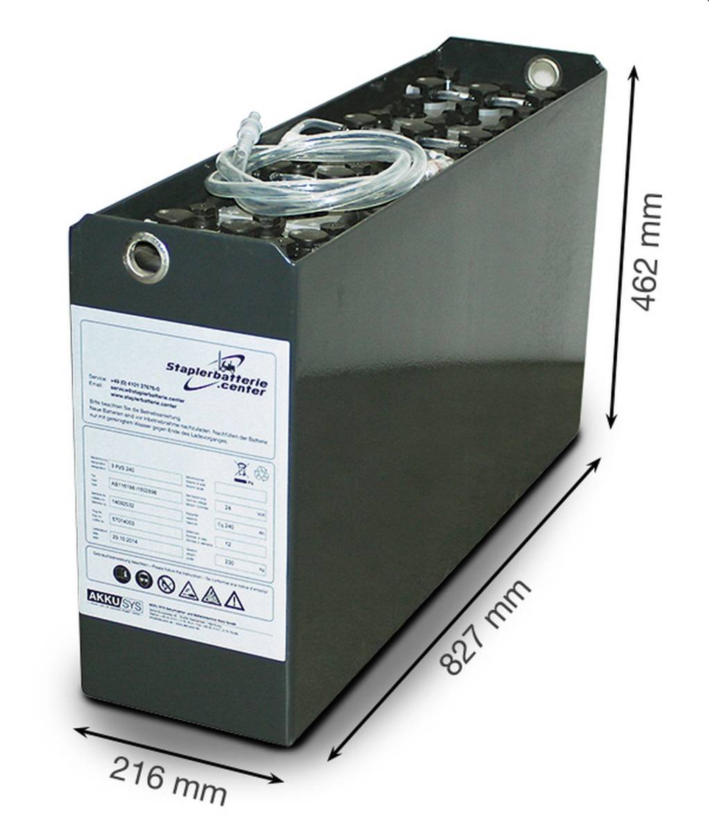 24V Gabelstaplerbatterie 3 PzS 180 Ah DIN A (827 * 216 * 462mm L/B/H) Trog 57014003 inkl. Aquamatik von Q-Batteries