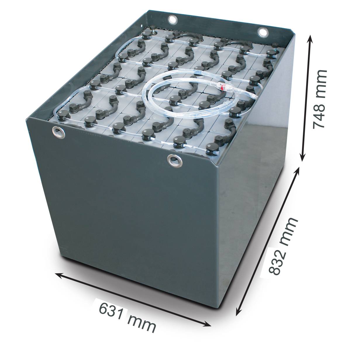 48V Gabelstaplerbatterie 5 PzS 775 Ah DIN A (832 * 631 * 784mm L/B/H) Trog 57017039 inkl. Aquamatik von Q-Batteries